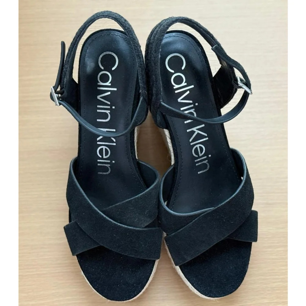 CALVIN KLEIN ELORY Suede LEATHER Cross Strap Espadrille Wedge Sandal 9.5 M BLACK